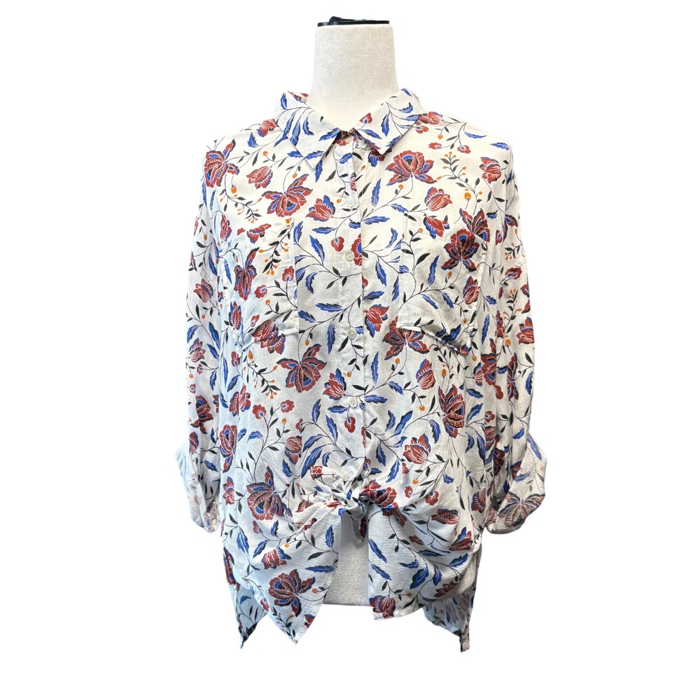 Dear John Arianna Lotus Trail Floral Tie Front Button Up Shirt Oversized‎ S NWT